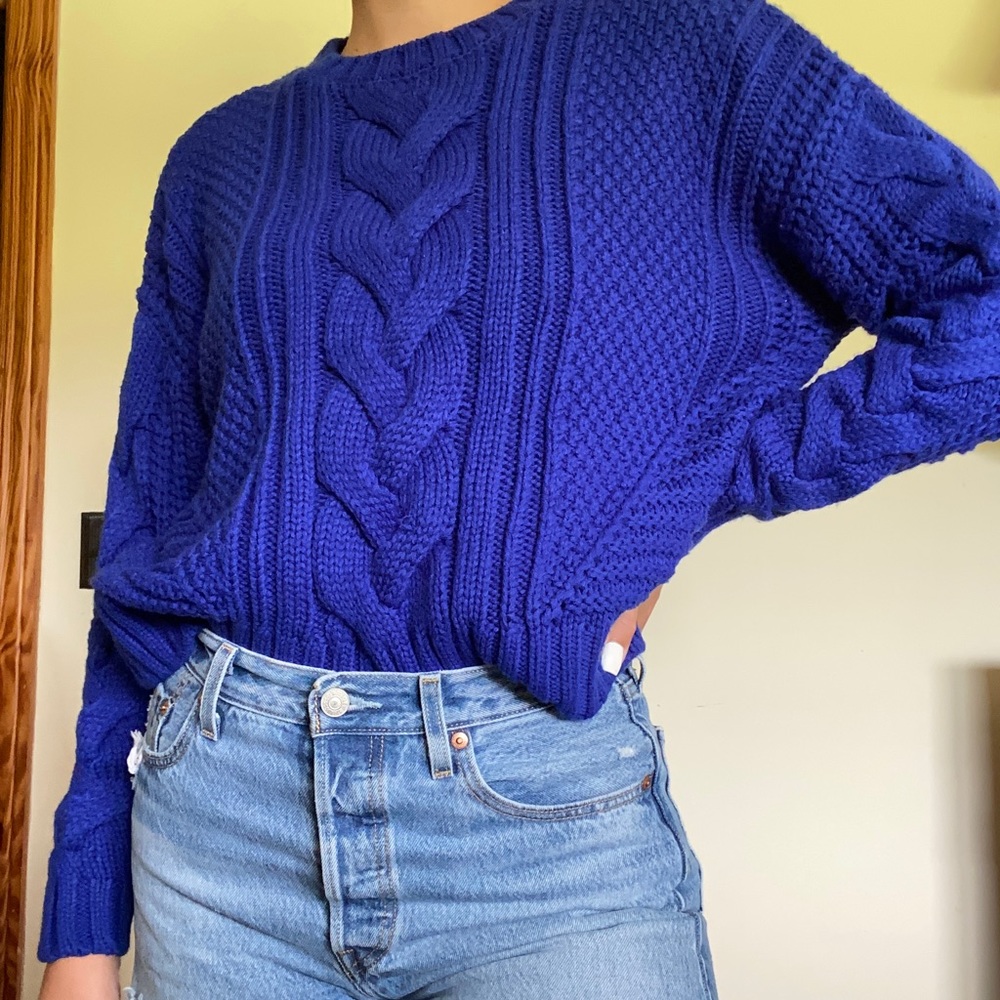 Cobalt blue cable knit sweater